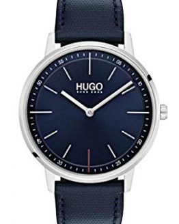 Hugo Men's #Exist - Ultra Slim Quartz Stainless Steel and Leather Strap Casual Watch, Color: Blue (Model: 1520008)