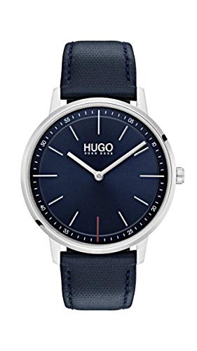 Hugo Men's #Exist - Ultra Slim Quartz Stainless Steel and Leather Strap Casual Watch, Color: Blue (Model: 1520008)