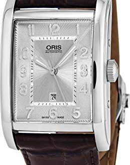 Oris Rectangular Date Mens Brown Leather Band Automatic Watch - Silver Face with Luminous Hands and Sapphire Crystal - Swiss Made Rectangle Watch 01 561 7693 4061-07 5 22 20FC