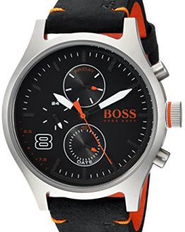 HUGO BOSS Men's Amsterdam Stainless Steel Quartz Watch with Leather Calfskin Strap, Black, 22 (Model: 1550020)