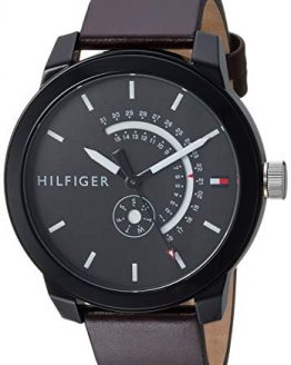 Tommy Hilfiger Men's Denim Quartz Watch with Leather Calfskin Strap, Brown, 19.1 (Model: 1791478)