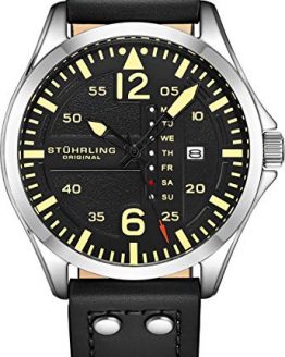 Stuhrling Original Mens Leather Watch -Aviation Watch, Quick-Set Day-Date, Leather Band with Steel Rivets, 699 Men Watch Collection