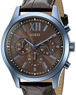 GUESS Men's U0789G2 Iconic Sky Blue Multifunction Watch with Brown Genuine Leather