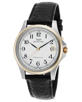 Glycine 3519-34-Lb9 Men's Black Genuine Leather White Dial Gold-Tone Bezel Watch