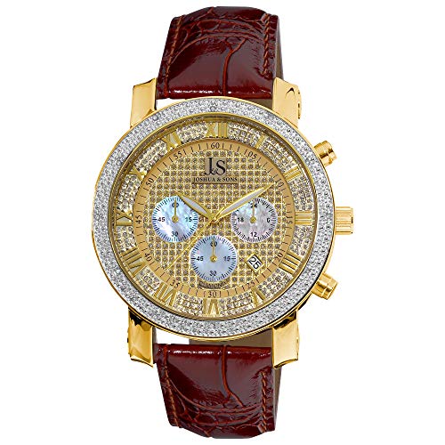 Men's Joshua and Sons Chronograph Watch with Genuine Diamond Bezel, Pearlescent Subdials, and Alligator Embossed Leather Strap.
