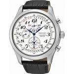 Seiko Men's SPC131P1 Neo Classic Alarm Perpetual Chronograph White Dial Black Leather Strap Watch