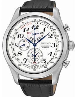 Seiko Men's SPC131P1 Neo Classic Alarm Perpetual Chronograph White Dial Black Leather Strap Watch