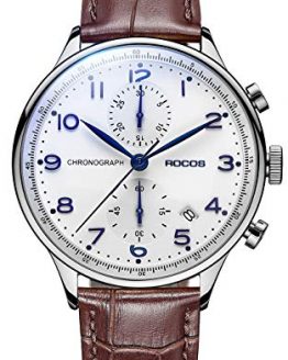 Men's Chronograph Wrist Watches ROCOS Japanese Quartz Watch for Men Waterproof Analog Watch with Genuine Leather and White Dial Luxury Classic Elegant Gift#R0133 (Silver & Brown)
