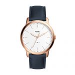 Fossil Men's Minimalist Stainless Steel Quartz Watch with Leather Calfskin Strap, Blue, 22 (Model: FS5371)