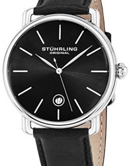 Stuhrling Original Ascot Mens Black Watch - Swiss Quartz Analog Date Wrist Watch for Men - Stainless Steel Mens Designer Watch with Black Leather Strap 768.02