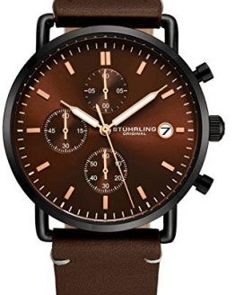 Stuhrling Original Chronograph Mens Watch Leather Watch Band Silver Dial with Date Minimalist Style 38mm Case - 3903 Watches for Men Collection (Brown/Brown)