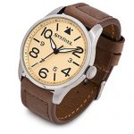Speidel Pilot Watch Stainless Steel Metal Case, Genuine Brown Leather Band with Classic Yellow Aviator Dial - Water Resistant - Luminous Second Hand