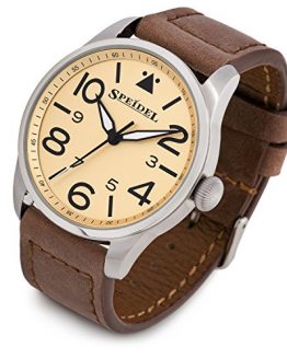 Speidel Pilot Watch Stainless Steel Metal Case, Genuine Brown Leather Band with Classic Yellow Aviator Dial - Water Resistant - Luminous Second Hand