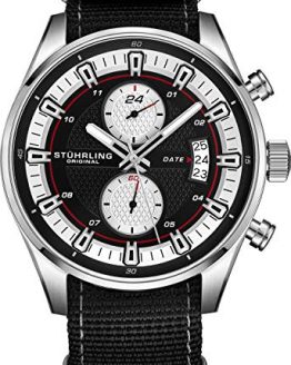 Stuhrling Original Men's Analog Watch - Stainless Steel True Dual Time Zone GMT W/Date Sports Watch - Comfortable, Durable NATO Nylon Strap - 845 Series (Black/Black)