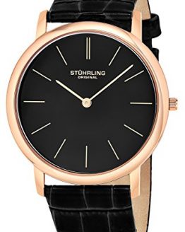 Stuhrling Original Men's 601.3345K1 Analog Classic Ascot Swiss Quartz Ultra Thin Rose Tone Black Leather Strap Watch