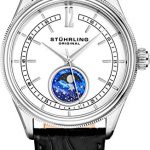 Stuhrling Original MoonPhase Dress Watch - Stainless Steel Case and Leather Band - Analog Dial - Celestia Mens Watches Collection (White)