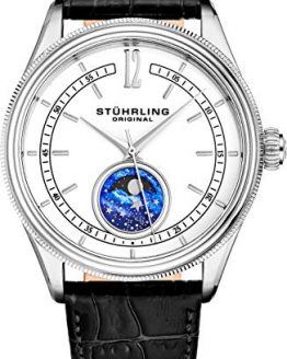 Stuhrling Original MoonPhase Dress Watch - Stainless Steel Case and Leather Band - Analog Dial - Celestia Mens Watches Collection (White)