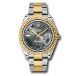 Rolex Datejust II 41 Grey Green Roman Dial Steel 18k Yellow Gold and Diamonds Mens Watch