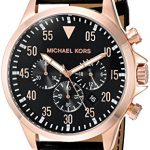 Michael Kors Gage Chronograph Watch with rose gold-tone case, brushed black dial, and black leather strap. 