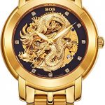 BOS Men's 'Dragon Collection' Luxury Carved Dial Automatic Mechanical Bracelet Waterproof Gold Watch 9007 (Gold)