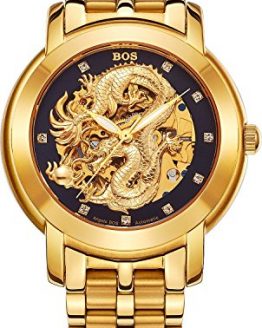 BOS Men's 'Dragon Collection' Luxury Carved Dial Automatic Mechanical Bracelet Waterproof Gold Watch 9007 (Gold)