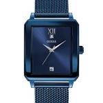 GUESS Rectangular Stainless Steel Blue Ionic Plated Mesh Bracelet Watch Genuine Diamond Dial. Color: Iconic Blue (Model: U1074G2)