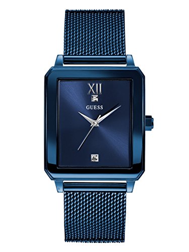 GUESS Rectangular Stainless Steel Blue Ionic Plated Mesh Bracelet Watch Genuine Diamond Dial. Color: Iconic Blue (Model: U1074G2)