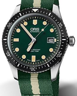 Oris Divers Sixty-Five Mens Luminous Diving Automatic Watch - Green Face Green NATO Fabric Band Swiss Made Automatic Dive Watch For Men 01 733 7720 4057-07 5 21 24FC