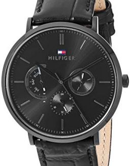 Tommy Hilfiger Men's Stainless Steel Quartz Watch with Leather Calfskin Strap, Black, 1710378