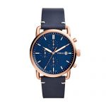 Fossil Men's The The Commuter Stainless Steel Quartz Watch with Leather Calfskin Strap, Blue, 22 (Model: FS5404)
