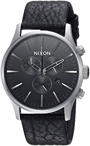 Nixon Men's Sentry Chrono Leather Stainless Steel Japanese-Quartz Watch with Calfskin Strap, Grey, 23 (Model: A4052788)