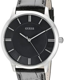 GUESS Black Genuine Leather Dress Watch with Stainless Steel Case. Color: Black (Model: U0664G1)
