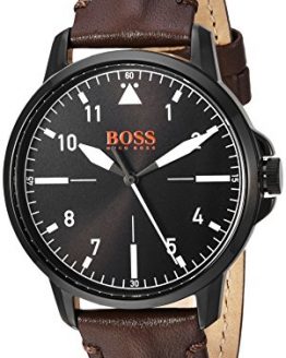 BOSS Orange Men's Chicago Stainless Steel Quartz Watch with Leather Calfskin Strap, Brown, 18 (Model: 1550062)