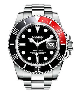 LOREO Mens GMT Silver Stainless Steel Sapphire Black And Red Rotating bezel Men's Automatic Watch