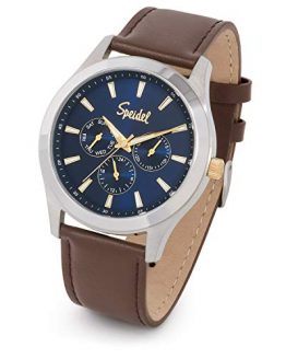 Speidel Men's Chrono Stainless Steel Blue Sunray Dial Watch with Brown Leather Strap