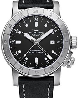 Glycine Airman Worldtimer GMT Automatic Black Dial Black Leather Men's Watch GL0056