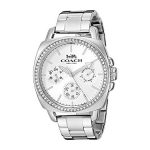 Elegant COACH Women’s Boyfriend Watch with a stainless-steel case, crystal-embellished bezel, leather strap, and multifunction subdials.