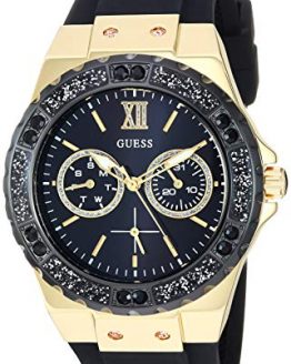 GUESS Gold-Tone Stainless Steel + Black Stain Resistant Watch with Day + Date Functions. Color: Black (Model: U1053L7)