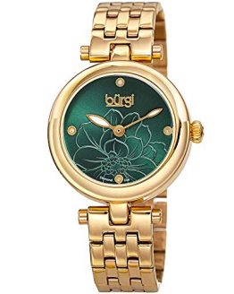 Burgi Stainless Steel Designer Women's Watch - 4 Genuine Diamond Markers on Green Flower Embossed Sunray Dial, Fashion Bracelet Band - BUR223GN