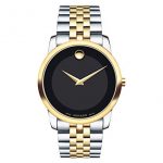Movado Men's Museum Two Tone Watch with Concave Dot Museum Dial, Gold/Black & Brown Strap (606899)