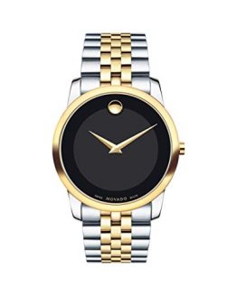 Movado Men's Museum Two Tone Watch with Concave Dot Museum Dial, Gold/Black & Brown Strap (606899)