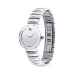Movado Women's Sapphire Stainless Steel Watch with a Concave Dot, Silver Faceted Bracelet (607213)