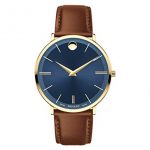 Movado Ultra Slim, Yellow Gold PVD Case, Blue Dial, Cognac Leather Strap