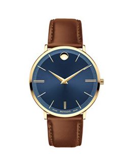 Movado Ultra Slim, Yellow Gold PVD Case, Blue Dial, Cognac Leather Strap