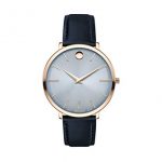 Movado Ultra Slim, Pale Rose Gold PVD Case, Blue Dial, Navy Leather Strap, Women, 0607402