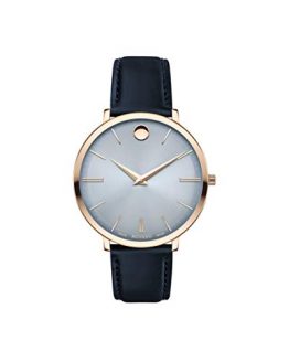 Movado Ultra Slim, Pale Rose Gold PVD Case, Blue Dial, Navy Leather Strap, Women, 0607402