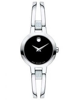 Movado Women's Amorosa Watch with Concave Dot Museum Dial and Diamond Accents, Silver/Black (607154)