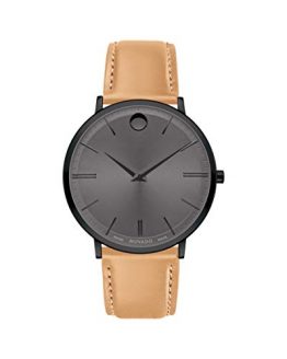 Movado Ultra Slim, Black PVD Case, Grey Dial, Beige Leather Strap, Men, 0607378