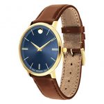 Movado Ultra Slim, Yellow Gold PVD Case, Blue Dial, Cognac Leather Strap