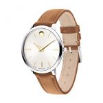 Movado Ultra Slim, Stainless Steel Case, Silver White Dial, Tan Calfskin Strap, Women, 0607371